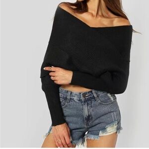 Off-Shoulder Black Sweater Wrap Black
